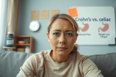 A woman is sitting on a couch in an indoor setting. She appears to be frustrated or upset, perhaps discussing Crohn's vs celiac disease. There are various items scattered around the room such as a clock, notes, and books. 