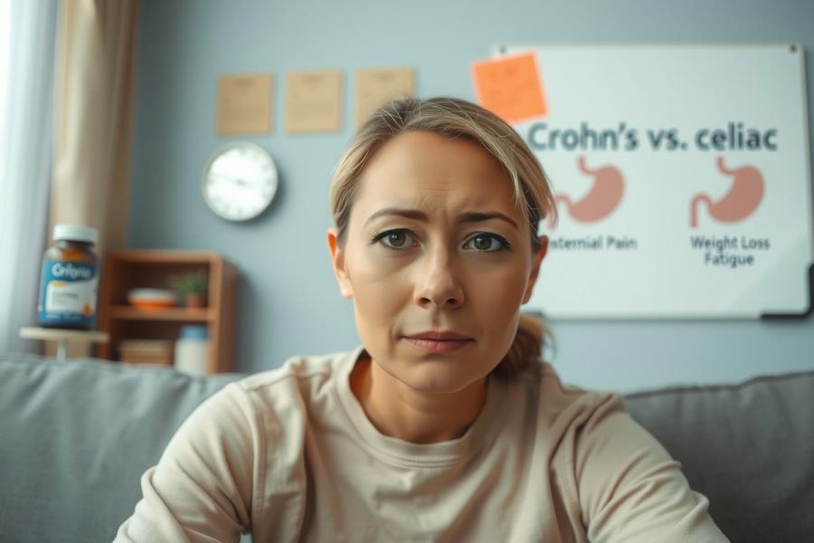 A woman is sitting on a couch in an indoor setting. She appears to be frustrated or upset, perhaps discussing Crohn's vs celiac disease. There are various items scattered around the room such as a clock, notes, and books. 
