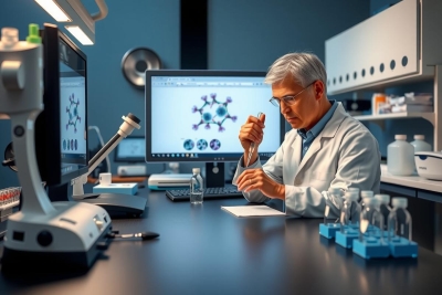 The image depicts a scientist in a laboratory setting. He is seated at a workbench, focusing on a computer screen which displays molecular structures or diagrams.