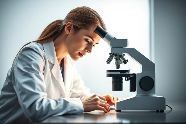 Scientist in a lab coat examining a microscope. The image depicts research, science, and laboratory settings with a focus on medical analysis and scientific discovery. Bright, clean environment with neutral colors.