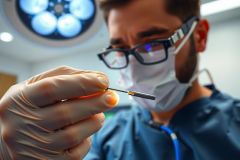 Medical professional in scrubs and mask holds a surgical instrument. Close-up, sterile environment, blue surgical lights. Focus on precision and healthcare.