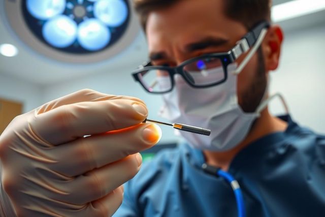 Medical professional in scrubs and mask holds a surgical instrument. Close-up, sterile environment, blue surgical lights. Focus on precision and healthcare.