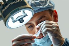 Close-up of a surgeon wearing a mask and gloves, performing a procedure under a surgical lamp. Focus on precision and medical expertise in a sterile environment.
