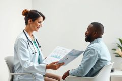 Doctor discussing medical chart with patient in a bright, modern office. The female doctor in a white coat reviews data with a smiling patient. Healthcare consultation, medical examination, and patient care concepts are depicted in this image. Focus on health and wellness.