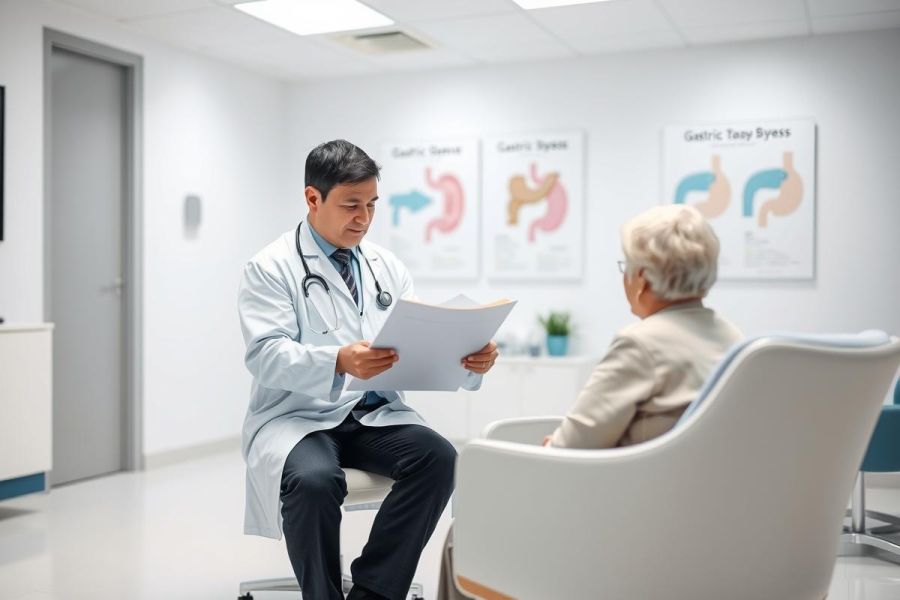 Doctor consults with a patient in a bright, modern clinic. The scene features a male doctor in a white coat reviewing documents while an elderly woman sits attentively. Informational posters about gastric bypass surgery are visible in the background. Healthcare, consultation, and medical imagery are key themes.