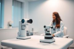 Optometry equipment on a white examination table in a bright, modern clinic. Blurred background shows a female optometrist. Focus on diagnostic tools for eye exams, showcasing healthcare and vision care services. Clean, professional setting.