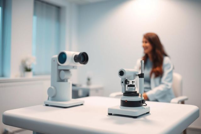 Optometry equipment on a white examination table in a bright, modern clinic. Blurred background shows a female optometrist. Focus on diagnostic tools for eye exams, showcasing healthcare and vision care services. Clean, professional setting.