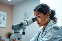 A young female scientist in a white lab coat uses a microscope in a modern, bright laboratory. Focus is on her eye looking through the lens. The scene features neutral colors, suggesting scientific research and analysis. Keywords: scientist, microscope, laboratory, research, science, woman.
