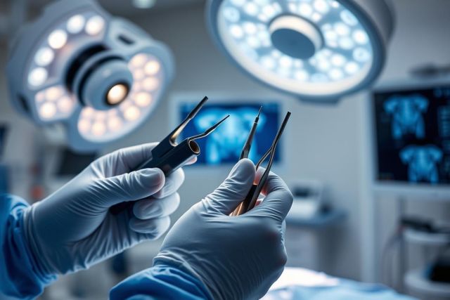 Surgical instruments held in gloved hands within a modern operating room. Bright surgical lights illuminate the scene, with medical monitors visible in the background. Focus on precision and healthcare technology. Blue and silver tones dominate the image.