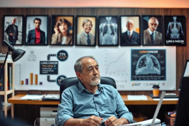 The image features a man seated at a desk in an office environment. The focus is on him, and he appears to be engaged in work or discussion. The wall behind him displays medical diagrams and information related to cancer research, suggesting that the setting might be related to healthcare or scientific research.