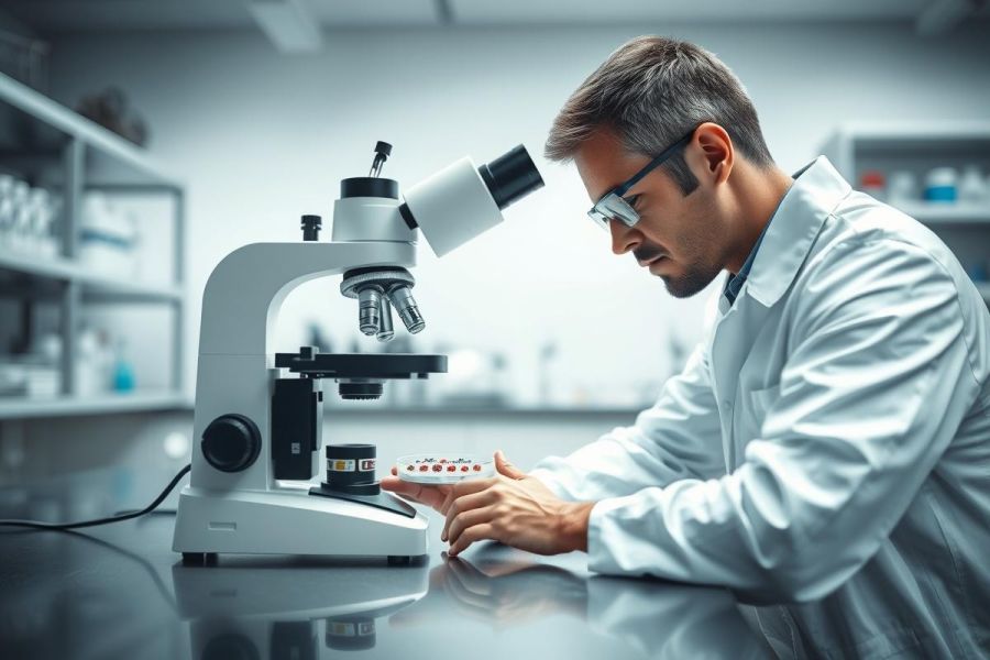 Scientist in a lab examining pills under a microscope. The image depicts a modern laboratory setting with white cabinets and a focus on scientific research, analysis, and pharmaceutical development. Predominant colors are white and gray, conveying a sterile and professional environment.