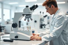 Scientist examining samples under a microscope in a modern laboratory. Focus on research, science, and medical analysis. White lab coat, equipment, and bright, clean environment. 