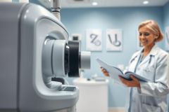 Medical eye exam in a modern clinic. A female doctor in a white coat reviews notes near an advanced retinal imaging device. Blue tones and a clean environment highlight healthcare technology and patient care.