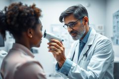 Doctor examining a patient's eye with specialized equipment in a bright, modern medical clinic. The scene depicts a healthcare professional performing an eye exam, showcasing medical care and patient well-being.  The image features a diverse doctor and patient, emphasizing inclusivity in healthcare.