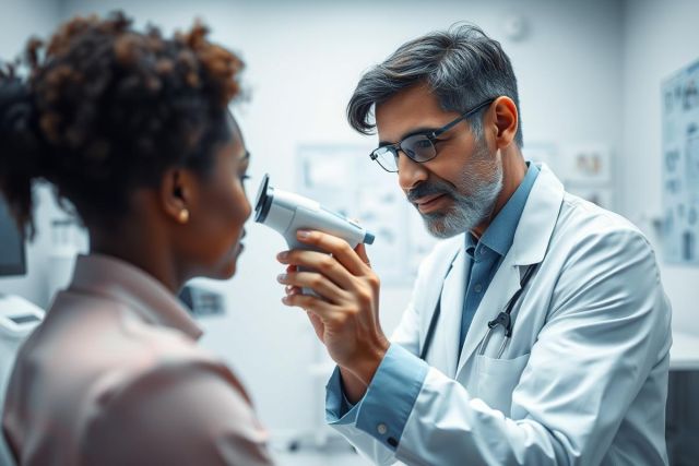 Doctor examining a patient's eye with specialized equipment in a bright, modern medical clinic. The scene depicts a healthcare professional performing an eye exam, showcasing medical care and patient well-being.  The image features a diverse doctor and patient, emphasizing inclusivity in healthcare.