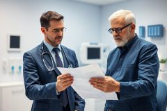 Doctor and patient reviewing medical documents in a modern clinic. The scene features a younger doctor and an older man, both wearing glasses and blue suits, examining paperwork in a bright, blue-toned medical environment. Healthcare consultation and medical examination concept.