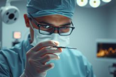 Surgeon holding a scalpel in a surgical operating room. The doctor wears a mask and glasses, highlighting a medical procedure in a sterile environment. Blue and green tones dominate the scene.