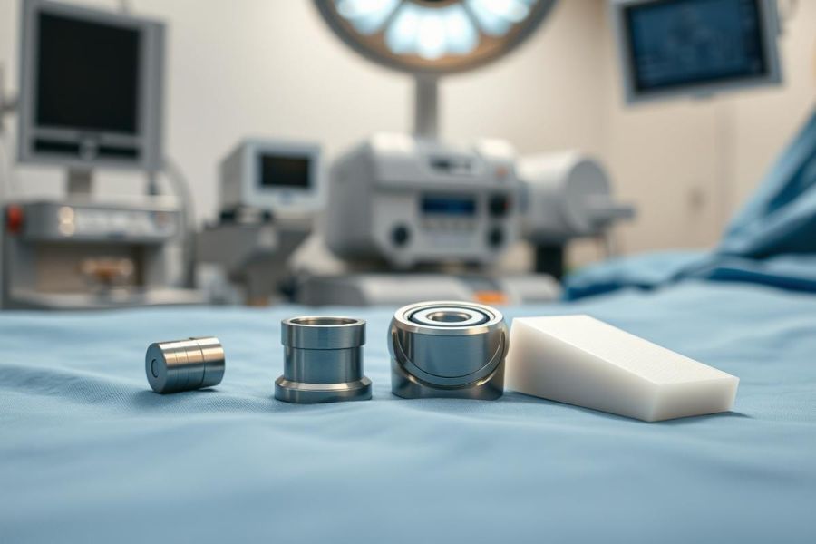 Close-up of surgical tools and components on a blue operating table, with medical equipment blurred in the background. Features include stainless steel parts and a white surgical wedge, suggesting an orthopedic or surgical procedure. Clean, sterile environment with cool blue and white tones.