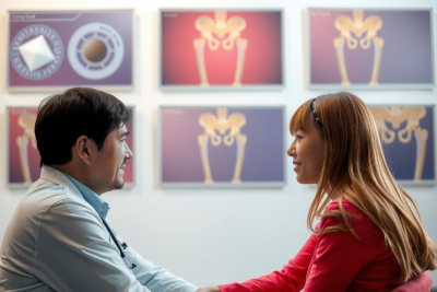 Two people, possibly a doctor and a patient or an expert and a customer, are engaged in a discussion within a medical office setting.