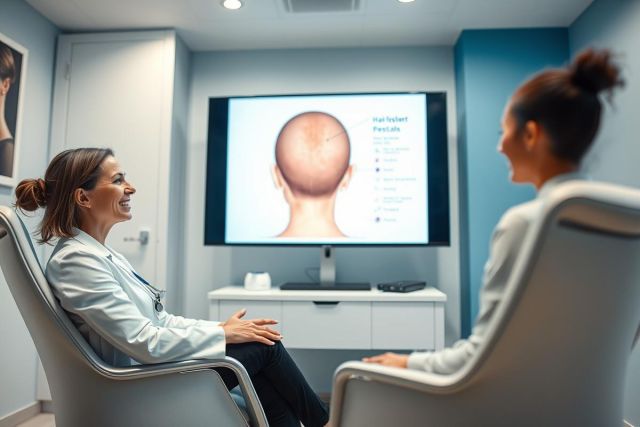 Doctor consults with patient about hair loss in a modern clinic. The image shows a woman in a white coat discussing hair transplant options with a patient, with an illustration of hair loss patterns displayed on a screen. Blue and neutral tones dominate the professional medical environment.