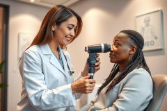 Doctor examining patient's eyes in a medical clinic. A female healthcare professional in a white coat uses an ophthalmoscope during an eye exam. Warm, neutral tones and a professional setting convey a focus on eye care and patient health.