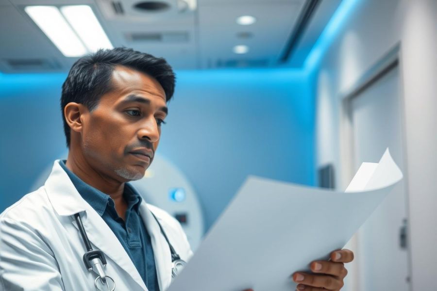 Focused doctor in a modern medical facility examines patient records. The image shows a male physician wearing a white coat and stethoscope, illuminated by blue lighting, in a clinical setting. Healthcare, diagnostics, and medical professional concepts are highlighted.