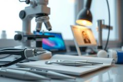 Laboratory setup with tools, microscope, and tablet.  Scientific environment, white surfaces, and a blue light glow. Focus on precision and research.