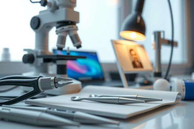 Laboratory setup with tools, microscope, and tablet.  Scientific environment, white surfaces, and a blue light glow. Focus on precision and research.