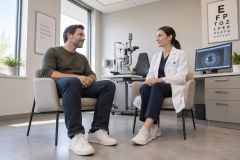 Ophthalmologist consulting with a patient in a modern exam room, slit lamp and eye chart visible