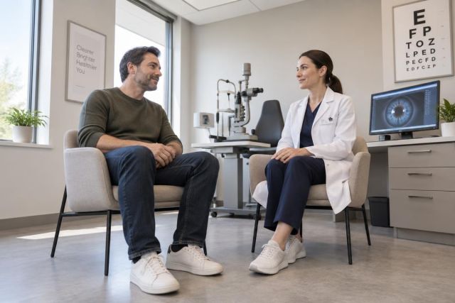 Ophthalmologist consulting with a patient in a modern exam room, slit lamp and eye chart visible