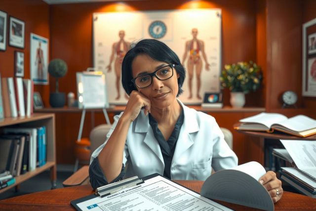 The image depicts a professional setting, likely an office or medical facility. There is a female doctor dressed in a white coat and glasses, seated at her desk. The desk has various papers and folders spread out, suggesting she may be reviewing patient records or studying for exams. In the background, there are medical posters on the wall that highlight anatomical illustrations of the human body, reinforcing the medical context of the scene. The overall atmosphere is focused and studious.
