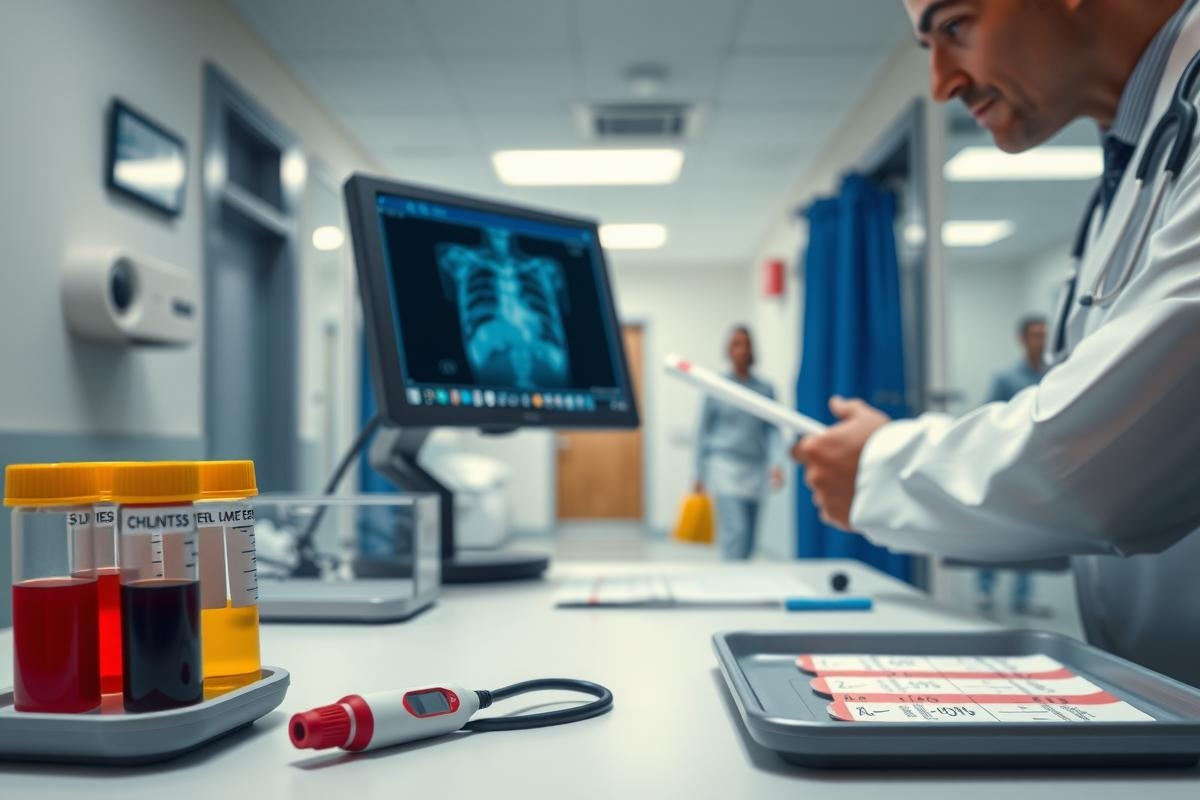 The image depicts a medical professionals in an examination room setting. The focus is on a doctor, likely a radiologist or cardiologist, who is using a computer to interpret the results of a CT scan. The monitors are displaying detailed images of the patient's internal organs, suggesting the importance of diagnostic imaging in medical practice.