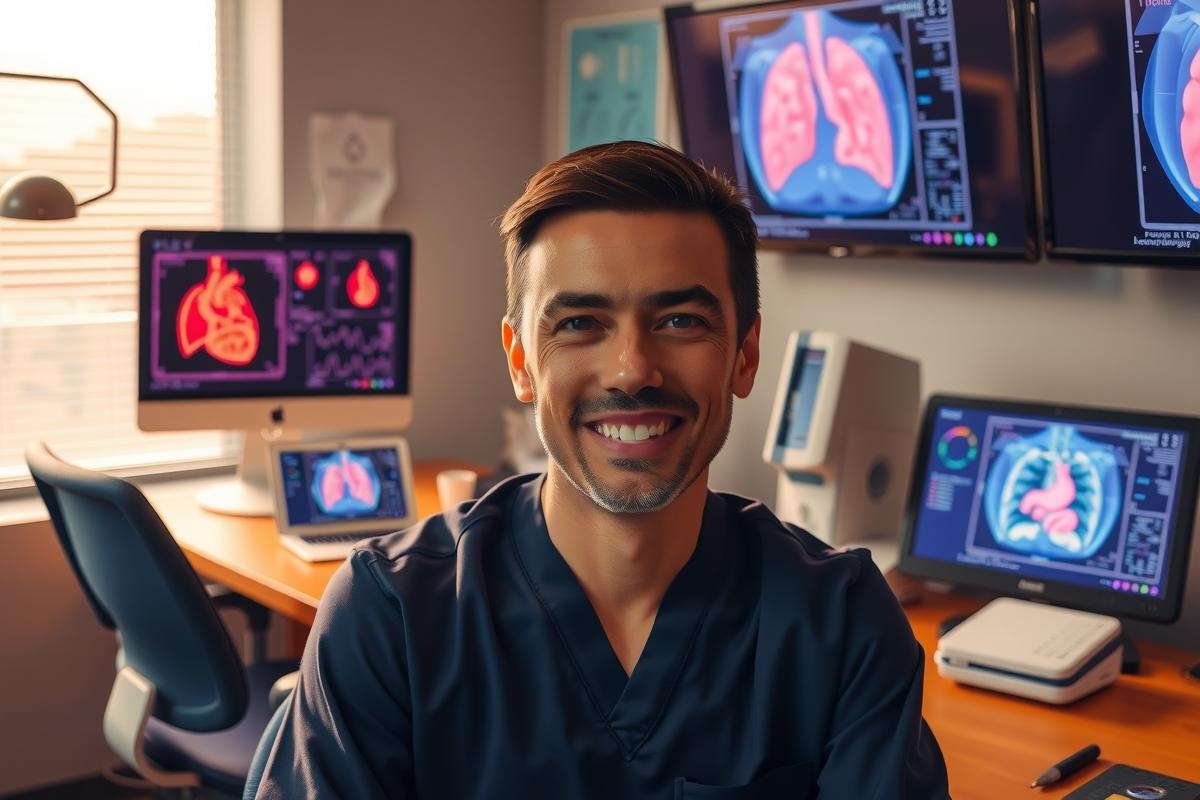 The image shows a man, likely a medical professional given his attire and the setting, seated at a desk with multiple computer monitors displaying images of hearts or other medical imagery. The environment suggests a modern, well-equipped room possibly used for analyzing medical scans or research. The man is smiling and looking directly towards the camera, indicating engagement with the viewer.