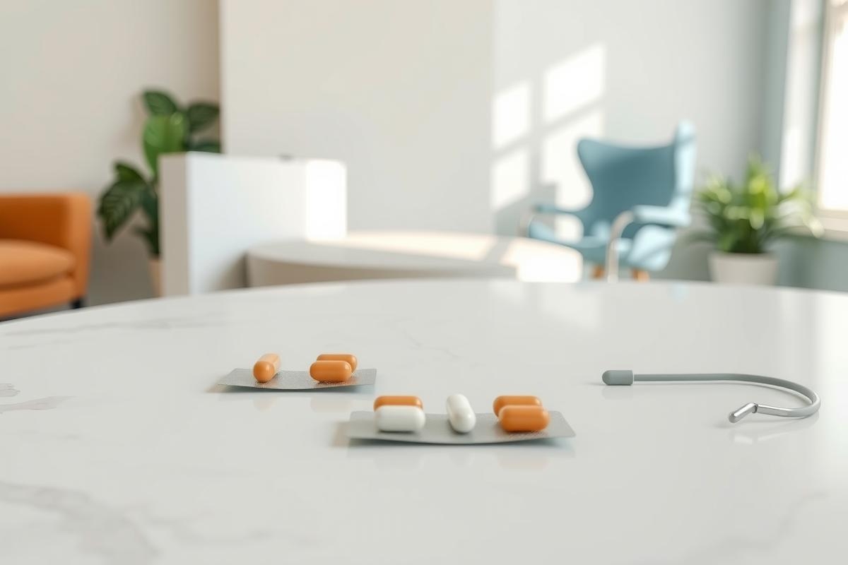 Close-up of orange and white pills on a white surface, with a blurred modern interior background. Includes a stethoscope, suggesting healthcare or medication theme. Clean and bright aesthetic.