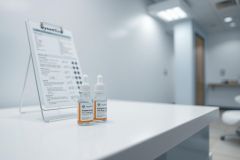 Close-up of two amber-colored bottles of supplements on a white medical counter, beside a price list. A clean, modern aesthetic with cool blue and white tones suggests a clinic or wellness center environment. Focus on skincare or health products.