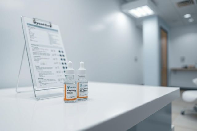 Close-up of two amber-colored bottles of supplements on a white medical counter, beside a price list. A clean, modern aesthetic with cool blue and white tones suggests a clinic or wellness center environment. Focus on skincare or health products.