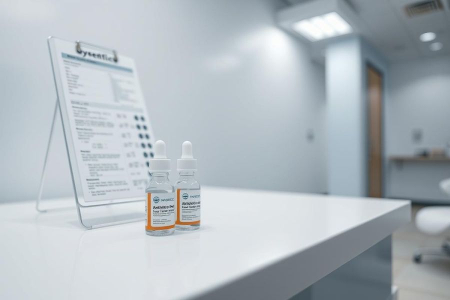 Close-up of two amber-colored bottles of supplements on a white medical counter, beside a price list. A clean, modern aesthetic with cool blue and white tones suggests a clinic or wellness center environment. Focus on skincare or health products.