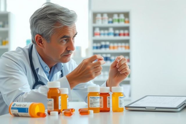 Pharmacist examining medication bottles and pills in a lab setting. White coat, pills, tablets, prescription drugs, healthcare, pharmaceutical, close-up, lab environment.