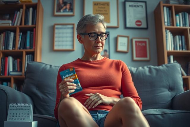 This image features a woman sitting on a couch in what appears to be her living room. She is wearing glasses, a red sweater. In her hand, she holds a small package of what seems to be a health-related product, possibly a supplement or snack bar.
