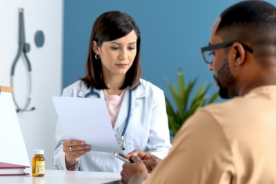 Doctor examining a patient in a medical office. The doctor, wearing a white coat, reviews paperwork while the patient listens. A bottle of pills and stethoscope are visible in the background. Healthcare setting.