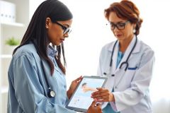 Two female doctors in white coats examine a tablet displaying medical images. The scene appears to be a clinic or hospital setting, focusing on healthcare professionals and technology in medicine.