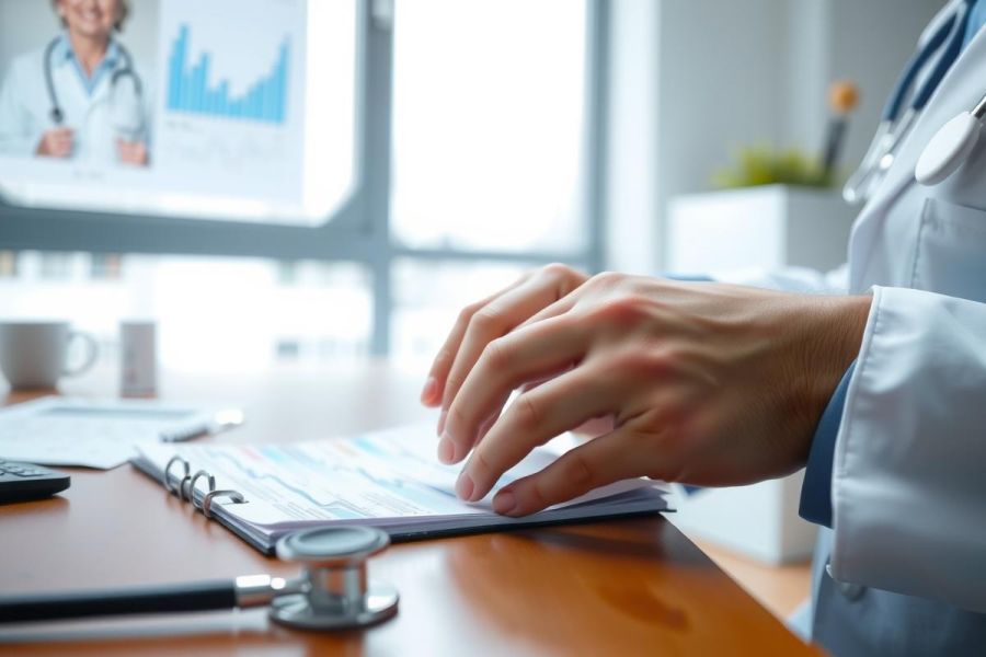 Doctor working at desk, reviewing patient records. Healthcare professional in white coat, stethoscope nearby, in a bright office setting. Focus on medical examination and data analysis.