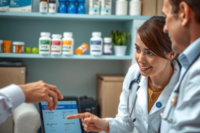 In this image, there is a medical consultation taking place. A female doctor in a white coat is sitting at her desk and smiling as she shows a patient's information on a tablet.