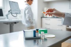 Pharmaceutical lab setting. A researcher in a white coat prepares medication, featuring pills, a vial, and a tablet dispenser on a clean surface. Focus on precision and scientific environment.