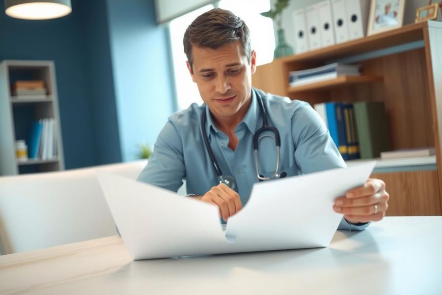 Doctor reviewing patient records at a desk in a medical office. Wearing a blue shirt and stethoscope, he focuses on paperwork in a brightly lit environment.