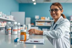 Pharmacist in a blue pharmacy dispensing medication. Bottles of pills and medication are on the counter. A smiling woman in a white coat works in the retail pharmacy setting.
