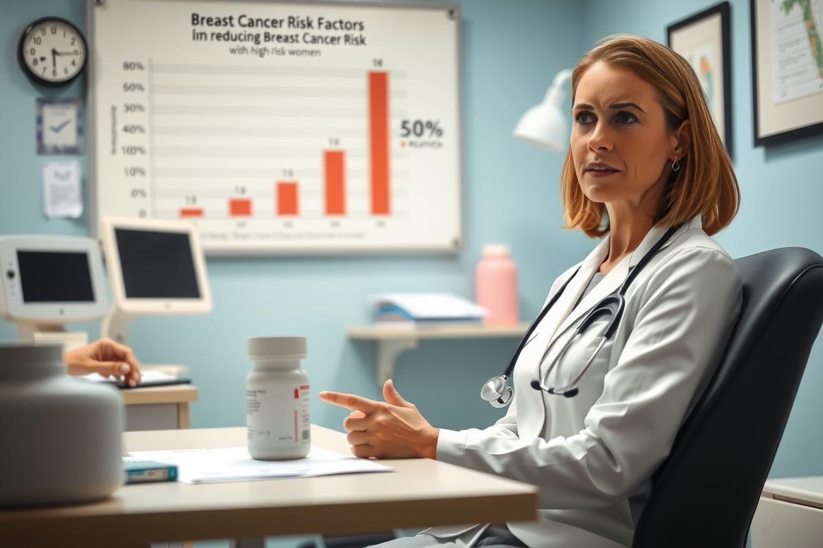 The image shows a woman dressed as a doctor, sitting at a desk in an office environment. The room has medical posters on the wall and there is a patient seated across from her. She appears to be conducting a medical consultation or examination.