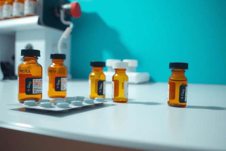 Close-up of amber medicine vials and tablets on a white surface, suggesting pharmaceuticals or healthcare. The scene features a bright, sterile environment with a hint of laboratory equipment in the background. Focus on medication and health.
