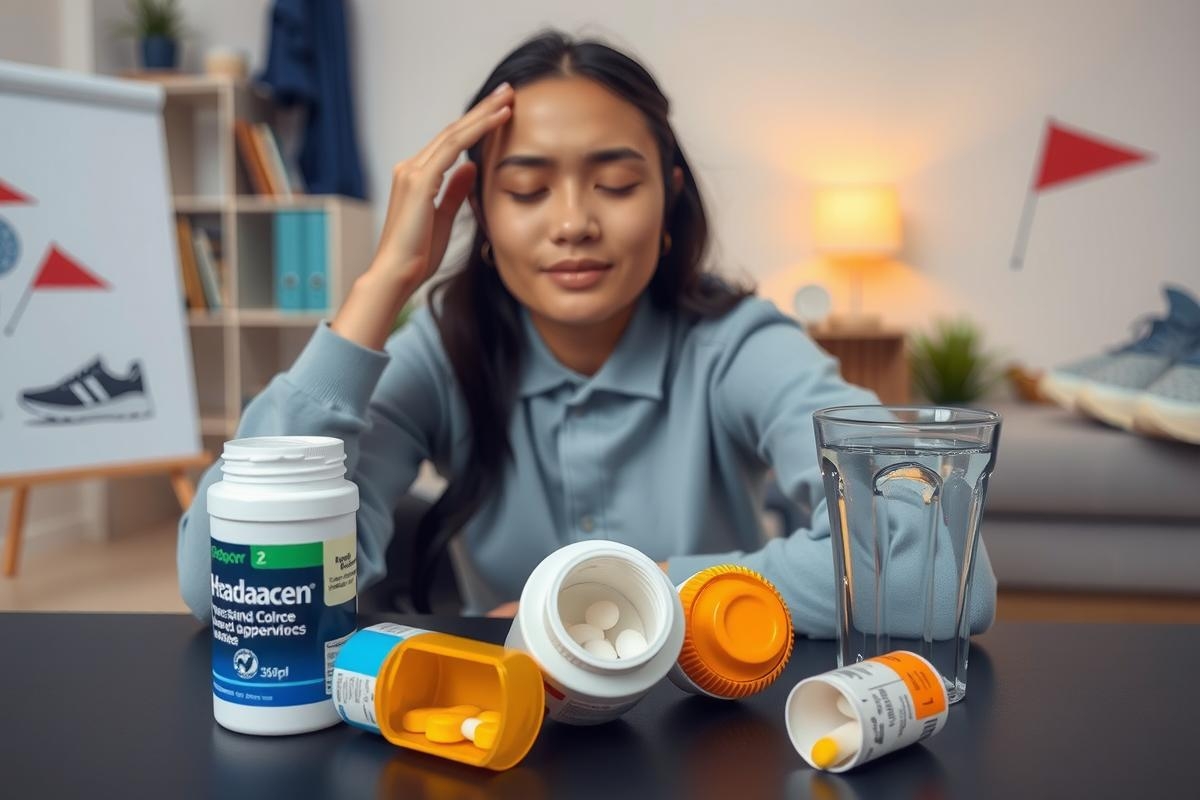 A woman appears overwhelmed as she is surrounded by a pile of prescription medications spread across her desk. She is seated with her hand on her head, possibly indicating frustration or concern about the array of drugs in front of her.