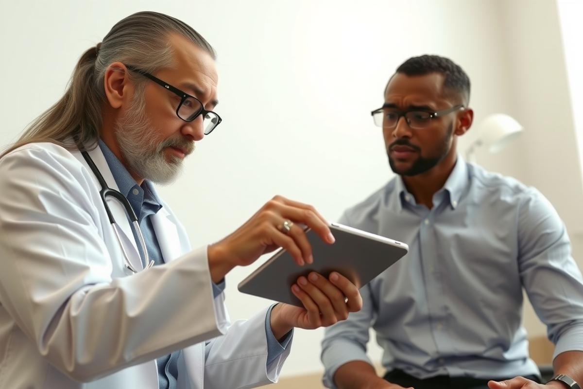 A doctor in a white coat shows a patient a tablet during a consultation. Healthcare professional, digital medical records, patient care, clinic setting, technology in medicine.